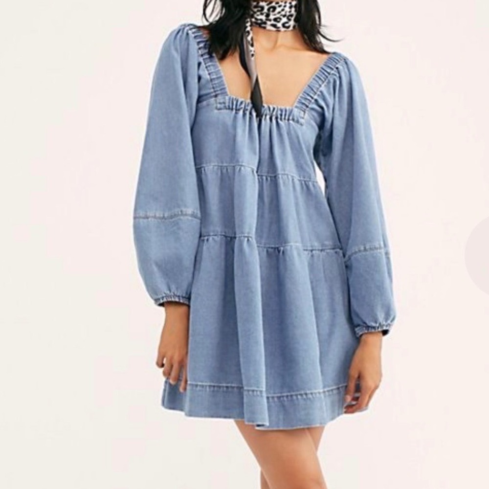 Free People Denim Mini Dress Blue Tiered Puff Sleeve Square Neck XS